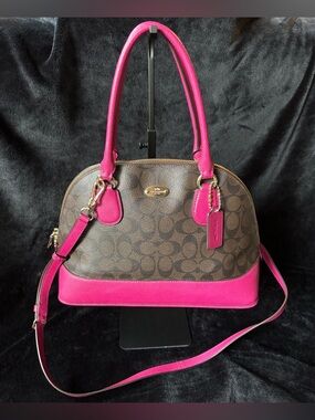 Coach F33904 Cora Domed Satchel Signature Brown/Khaki Fuchsia EUC